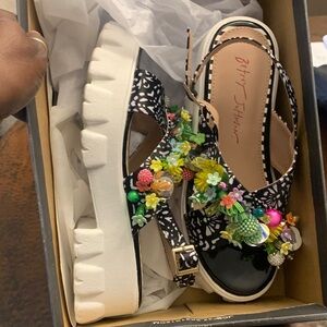 Betsey Johnson Black and White Sandals with Floral Accents